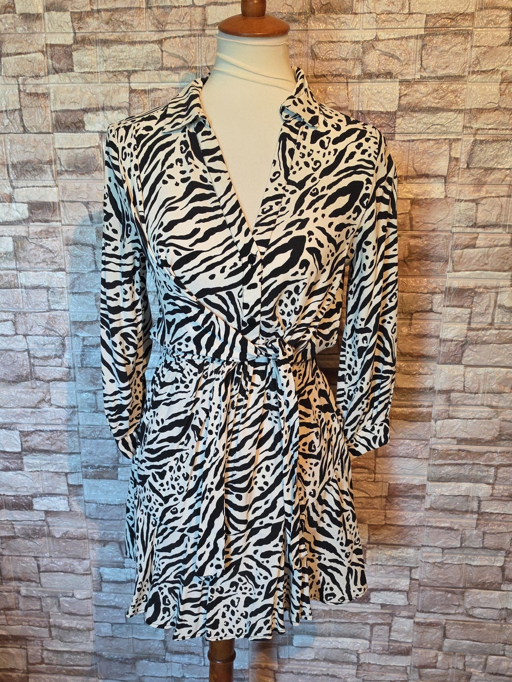 Zara Black & White Animal Print Wrap Dress